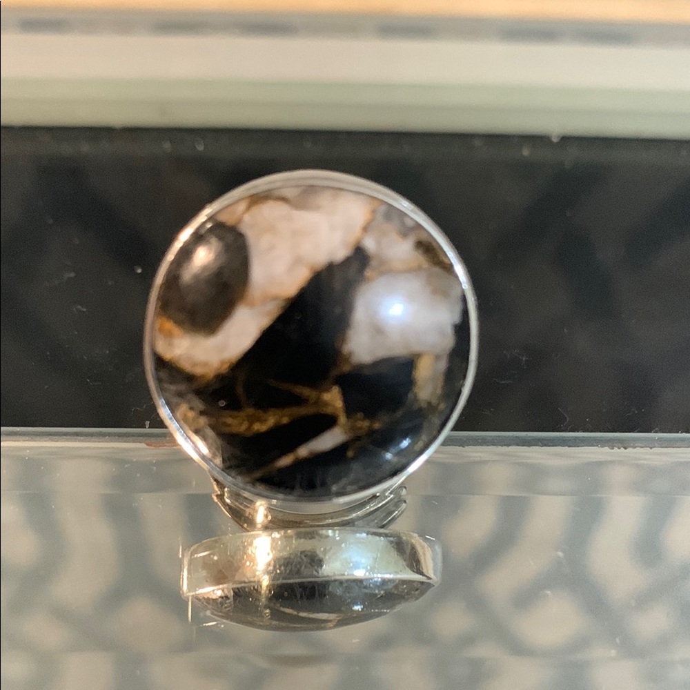 Black and off White Stone Sterling Adjustable Ring. 5⭐️ Seller. Posh Ambassador.